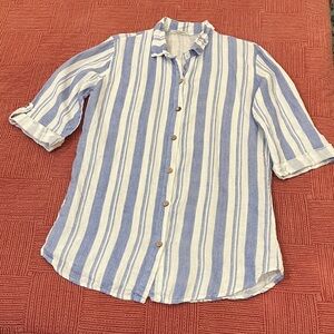 Italian linen Women's large Striped blue / white Swim Coverup or oversized top